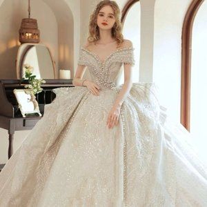 "Pearl" Palace Style Big Tail Wedding Dress Luxury Heavy Gown Sizes 4-26